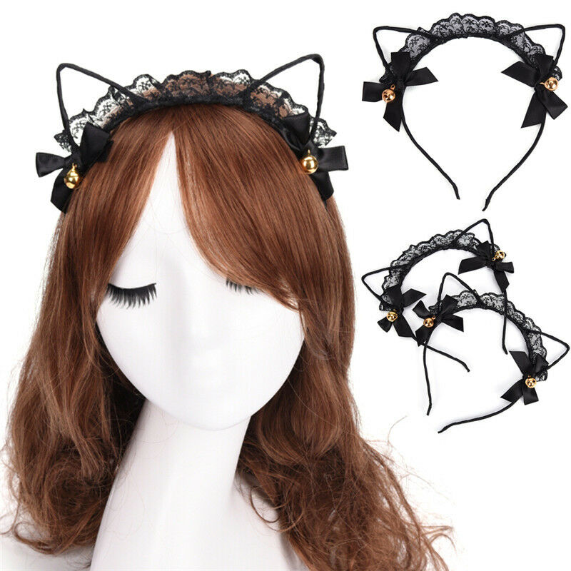 Women Lace Cat Ears Headband Bells Party Costume Fancy Dress Hair Hoop HairbandW