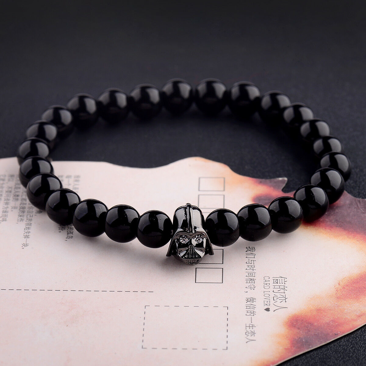 Fashion Men's Star Wars Darth Vader Bracelet 8mm Black Agate Stone Bracelets