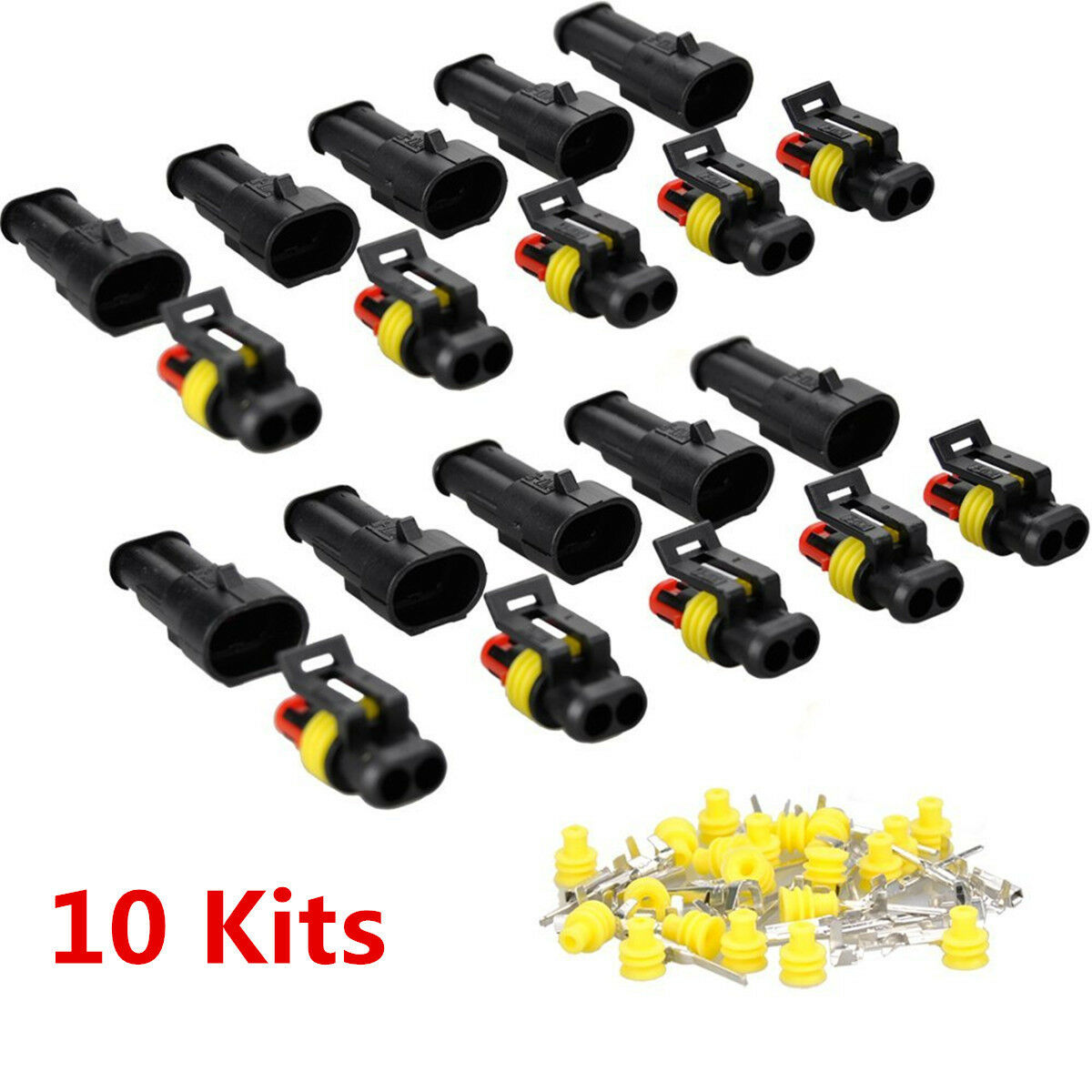 10 Kits 2 Pin Way Sealed Waterproof Terminal Set Electrical Wire Connector Plug