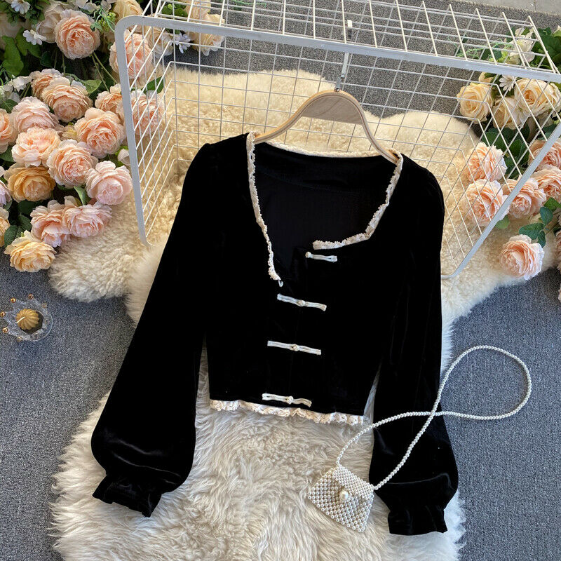 Women Velvet Blouse Lace Square Neck Crop Tops Frog Button Shirt Black Retro