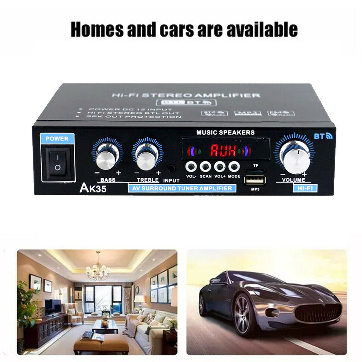 110V 12V 600W Bluetooth Power Amplifier Home Stereo 2CH AMP FM Radio SD USB A03