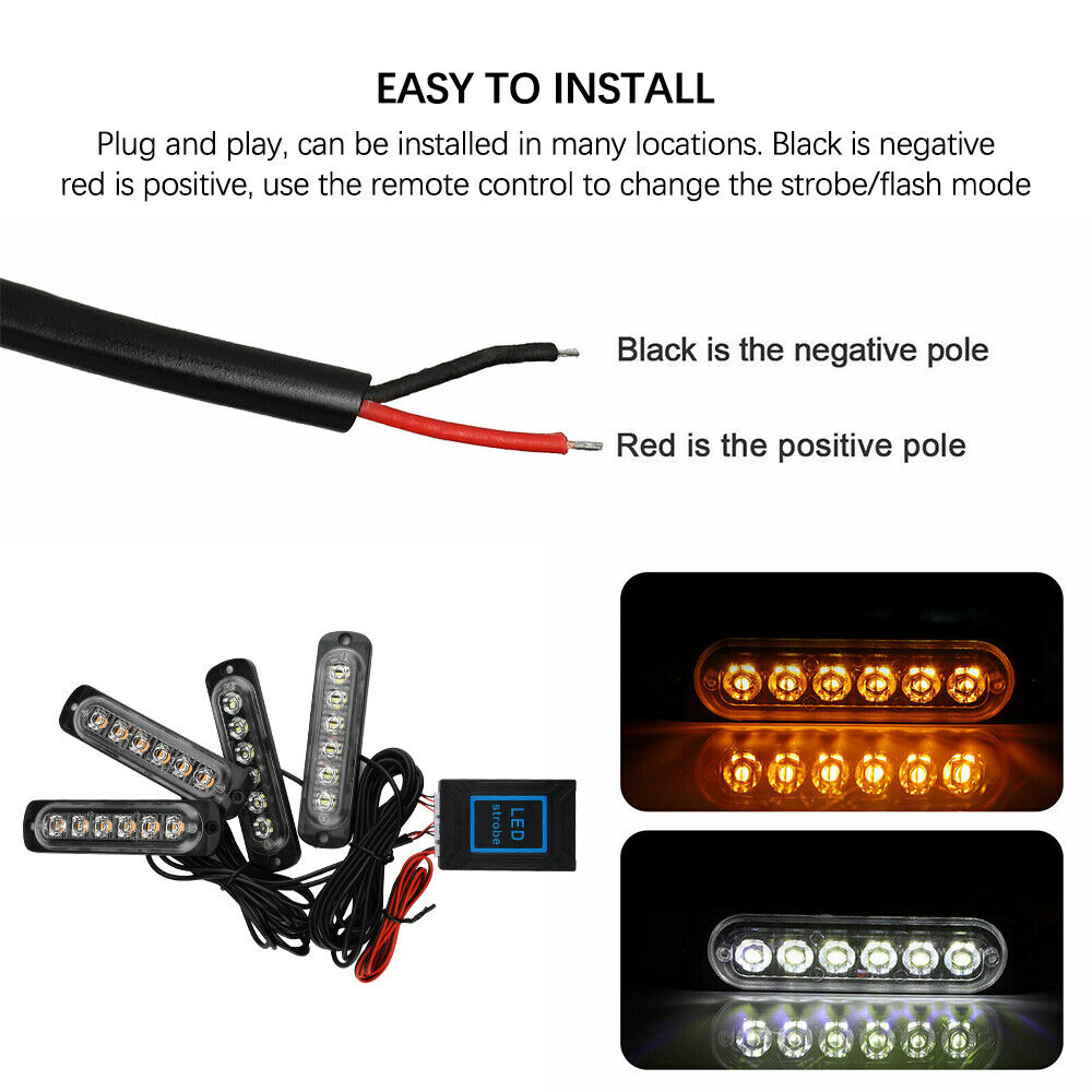 4x 6LED Car Truck Emergency Lamps Hazard Flash Strobe Warning Lights Amber/White