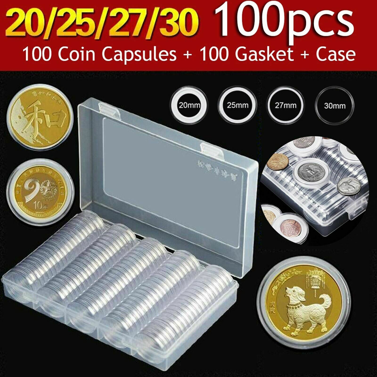 100Pcs 20/25/27/30mm Coin Clear Plastic Round Capsules Case Holder Storage Box