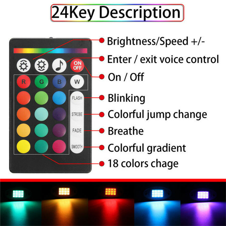 4x Universal RGB LED Under Body Light Mini Rock Lamp Car Off-Road Remote Control