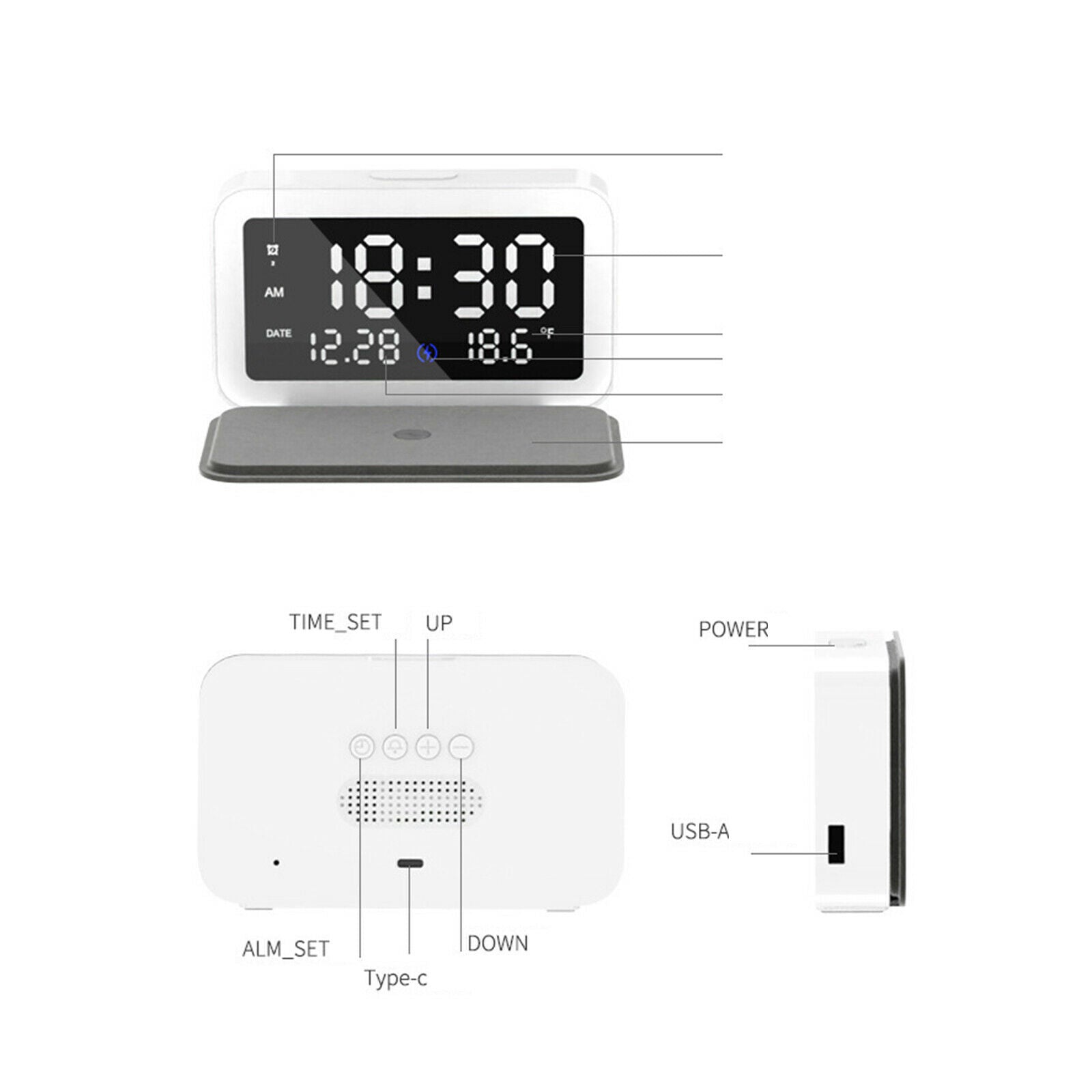 Modern Digital LED Desk Alarm Clock Thermometer 15W Qi Wireless Charger