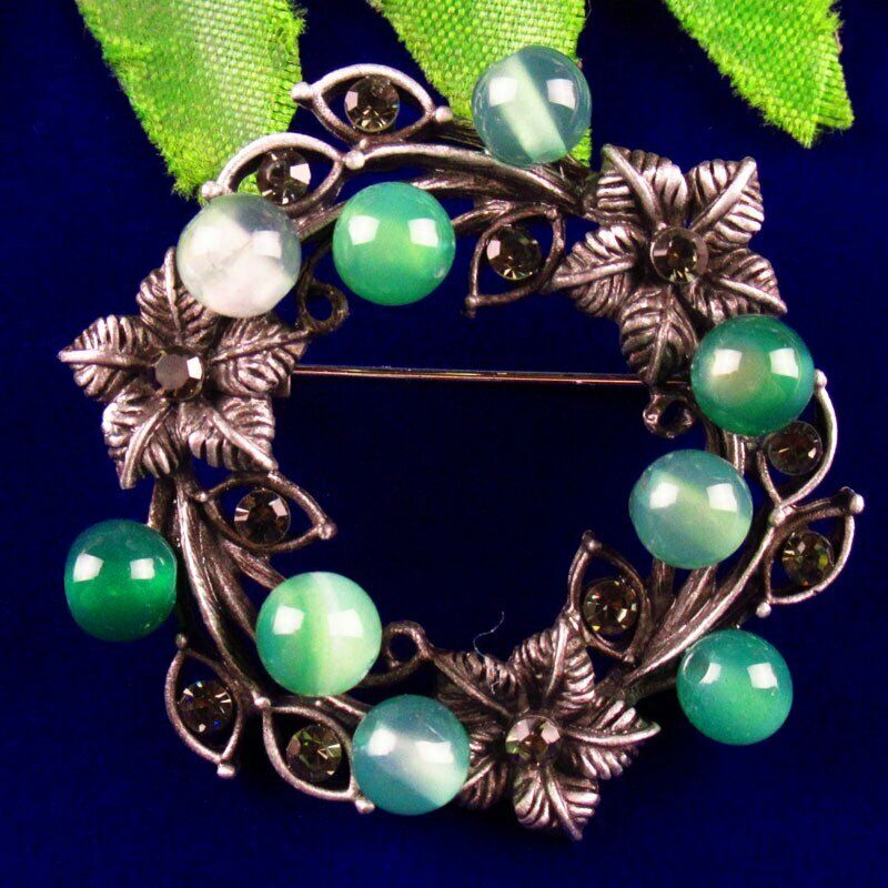 Green Onyx Agate Beads Rhinestone Alloy Enamel Garland Pendant Brooch BL-22
