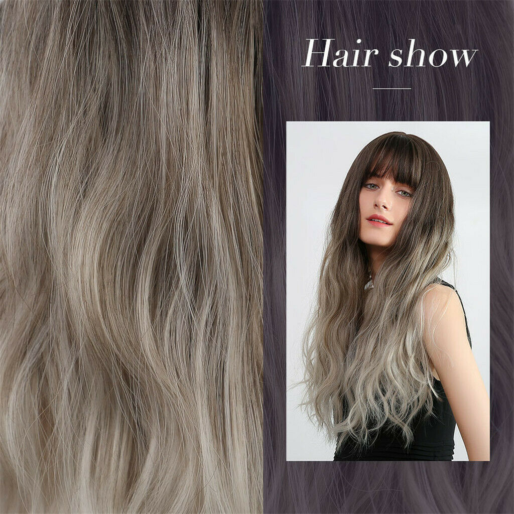 Natural Long Curly Wig Brown Ombre Beige Wig with Neat Bangs Synthetic