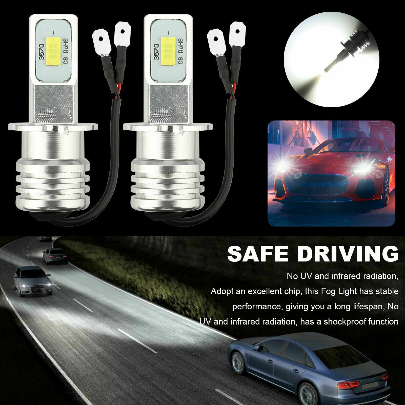 2x H3 Super White CREE LED Headlight Kit 100W 10000LM Fog Driving DRL Bulb 6000K