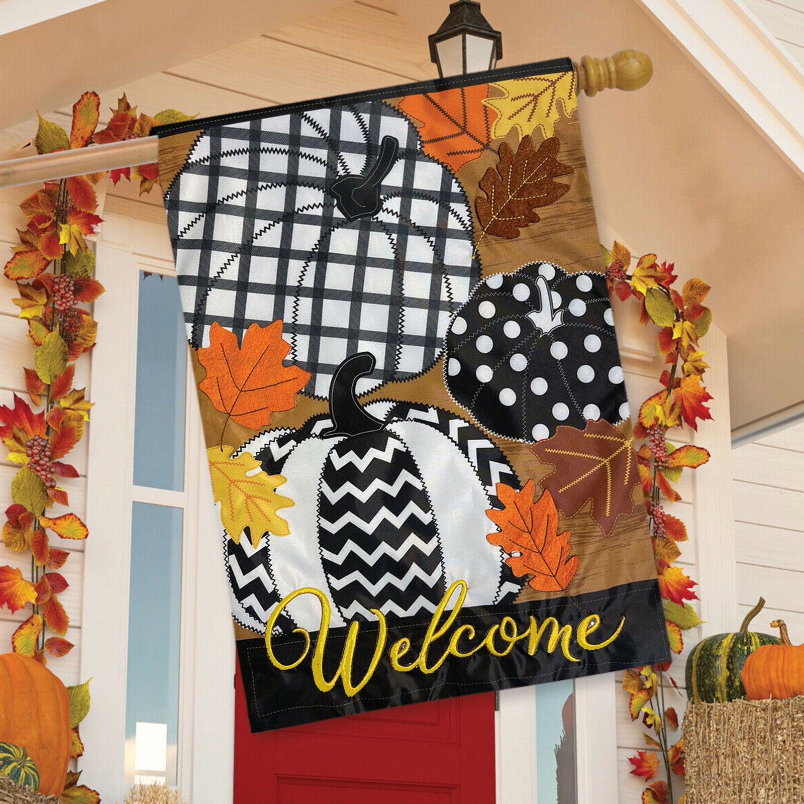 Fall Patterned Pumpkins Applique House Flag Autumn 28" x 40" Briarwood Lane New