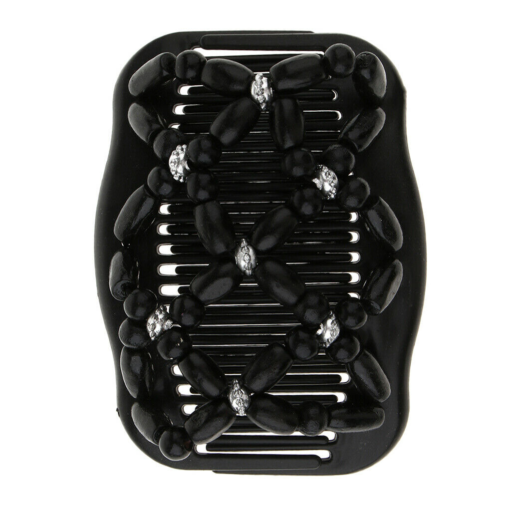 2pcs Black Double Hair Slide Comb Clip Wooden Beaded Elastic Bun Maker Party
