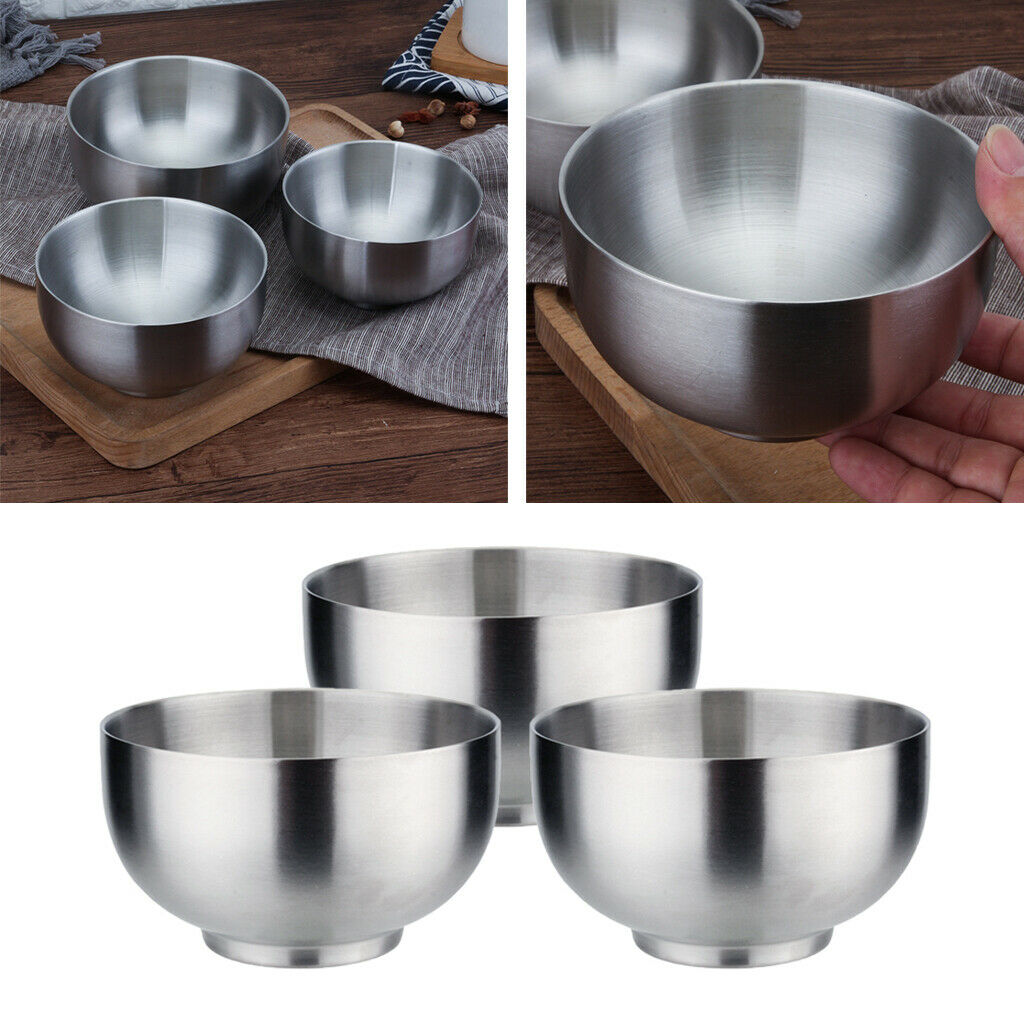 3x Double Walled Bowls Dish Snack Salad Serving Bowl Set Stainless Steel
