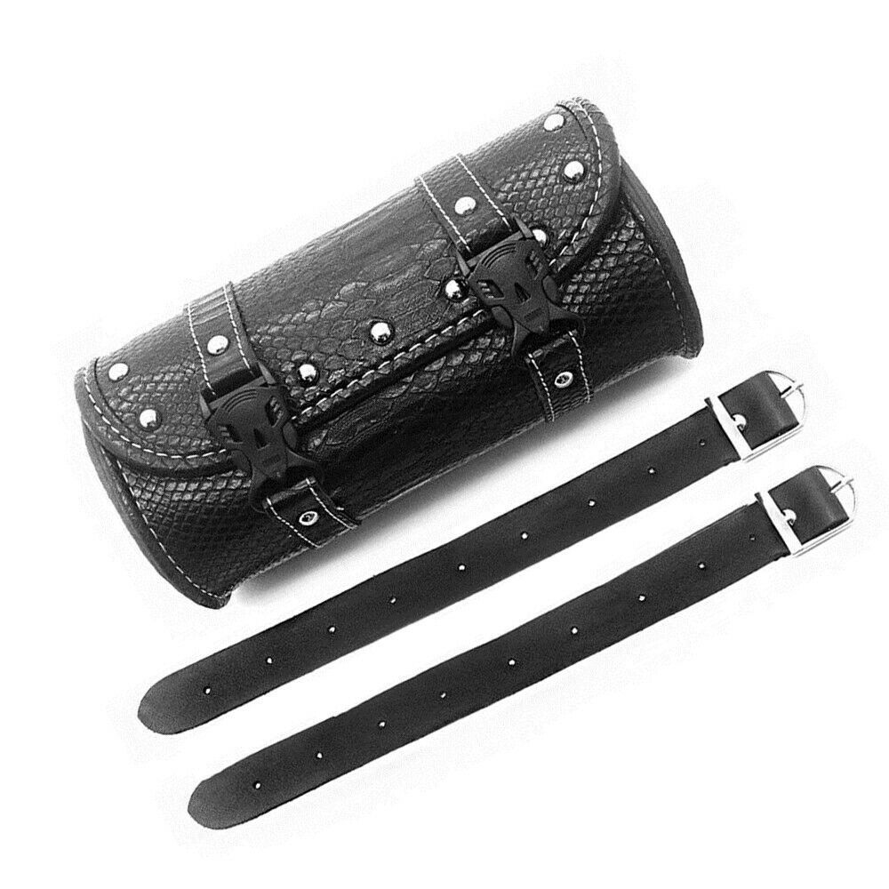 Universal Motorcycle Tool Bag Saddle Fork Roll Barrel Style Bag Black PU Leather