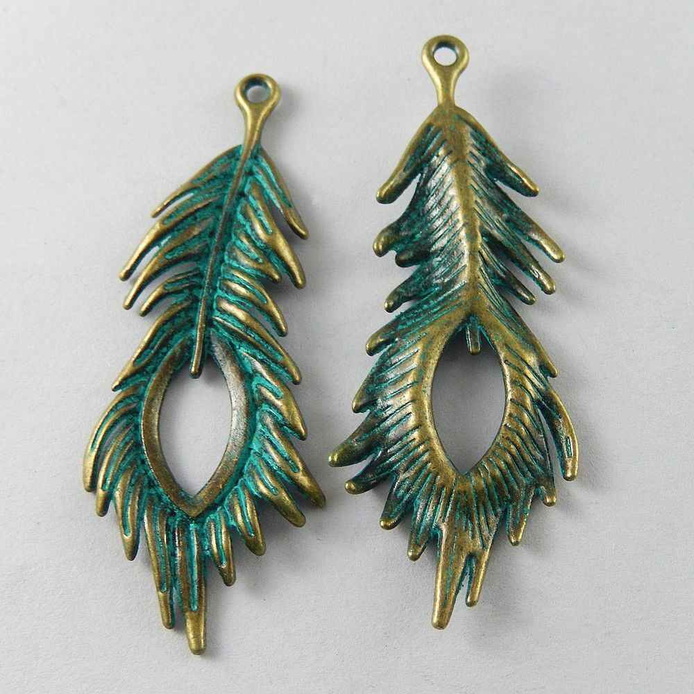 10 pcs Antiqued Zinc Alloy Patina Green Peacock Feather Charms Pendant 71x27mm
