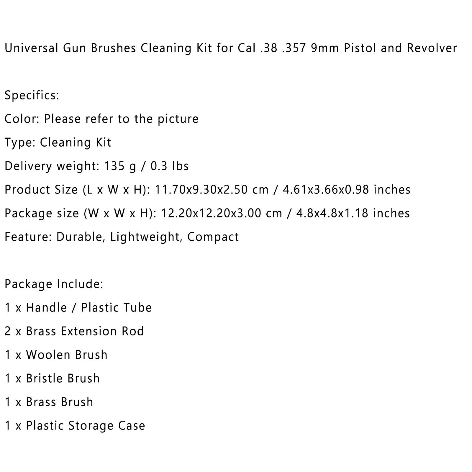 Gun Cleaning Kit for Cal .38 .357 9mm Pistol and Revolver Universal Brushes