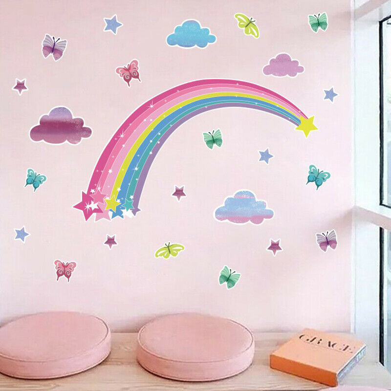 Pretty Shining Stars On Rainbow Cloud Butterflies Wall stickers Room Art .l8