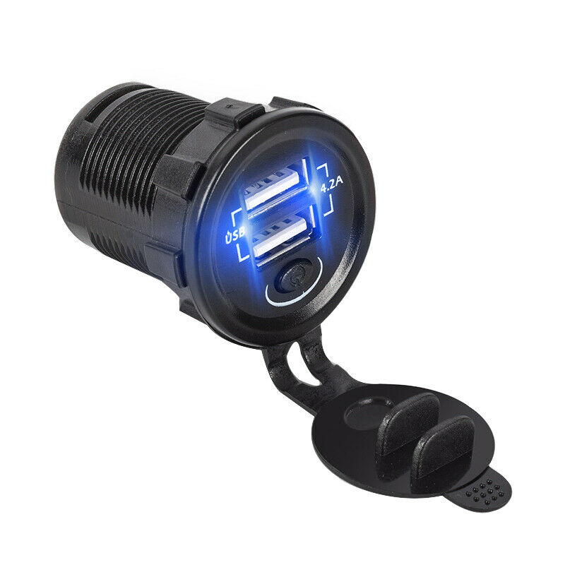12V-24V Car ATV UTV Phone Charger Dual USB +2.1A Power Socket Blue LED w/ Switch