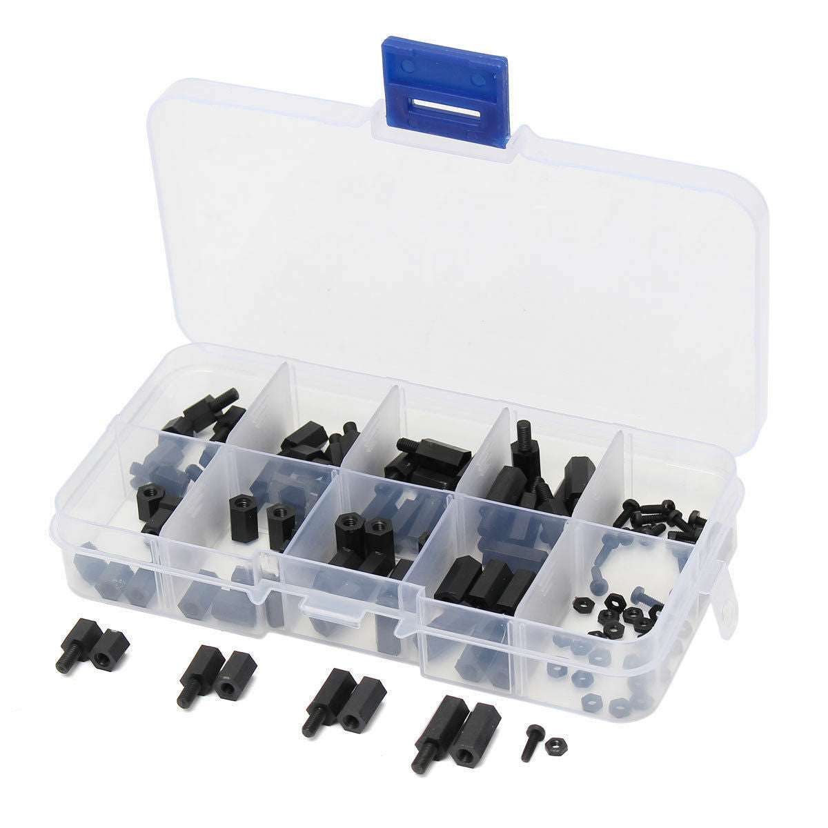 120pcs M2 Nylon Screw Black Hex Screw Nut Nylon PCB Standoff Assortment Kit Box
