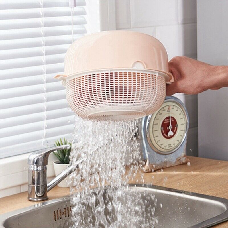 Plastic Handles Rice Wash Basket Double-Layer Drain Basket Kitchen Fruit VegS8Q3