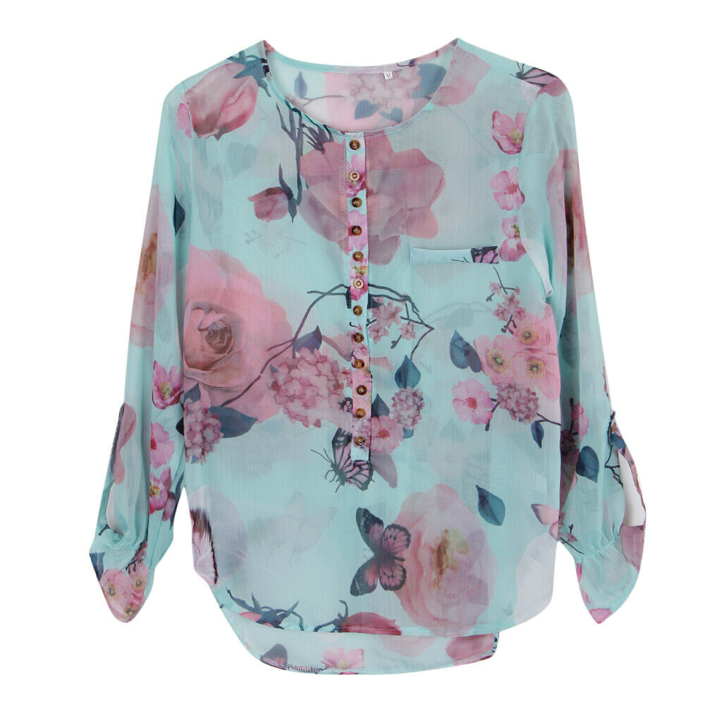 Plus Size Women Floral Butterfly Beach Button T-Shirt Chiffon Top 2XL Green