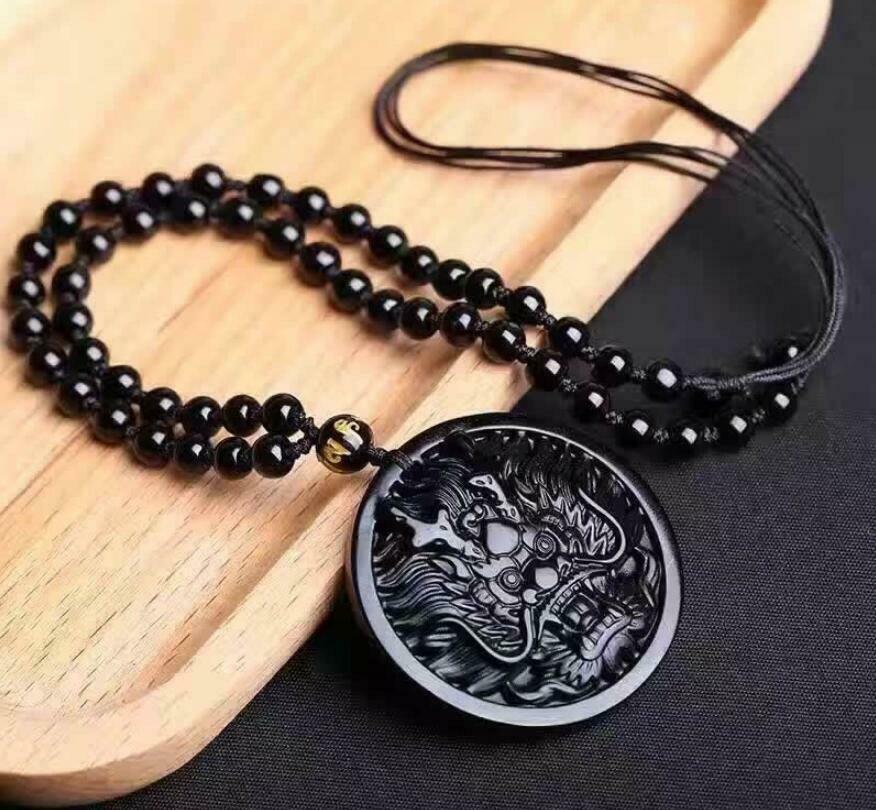 Natural Black Obsidian Hand Carved Lucky Dragon Head Pendants + Beads Necklace