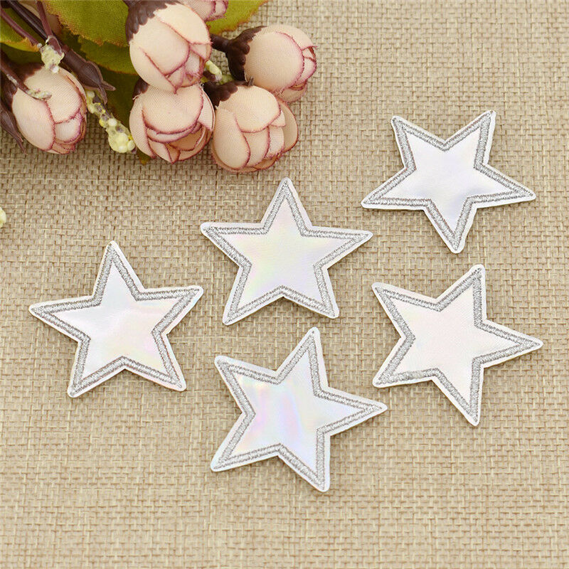 Holographic star iron on patch PU leather Cute  White Shiny Applique Iron Sewing