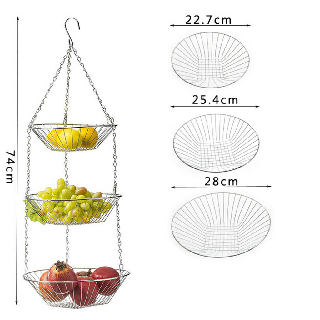 3-Tier Bowls Hanging Fruit Basket Iron Wire Holder Rack Organizer Countertop