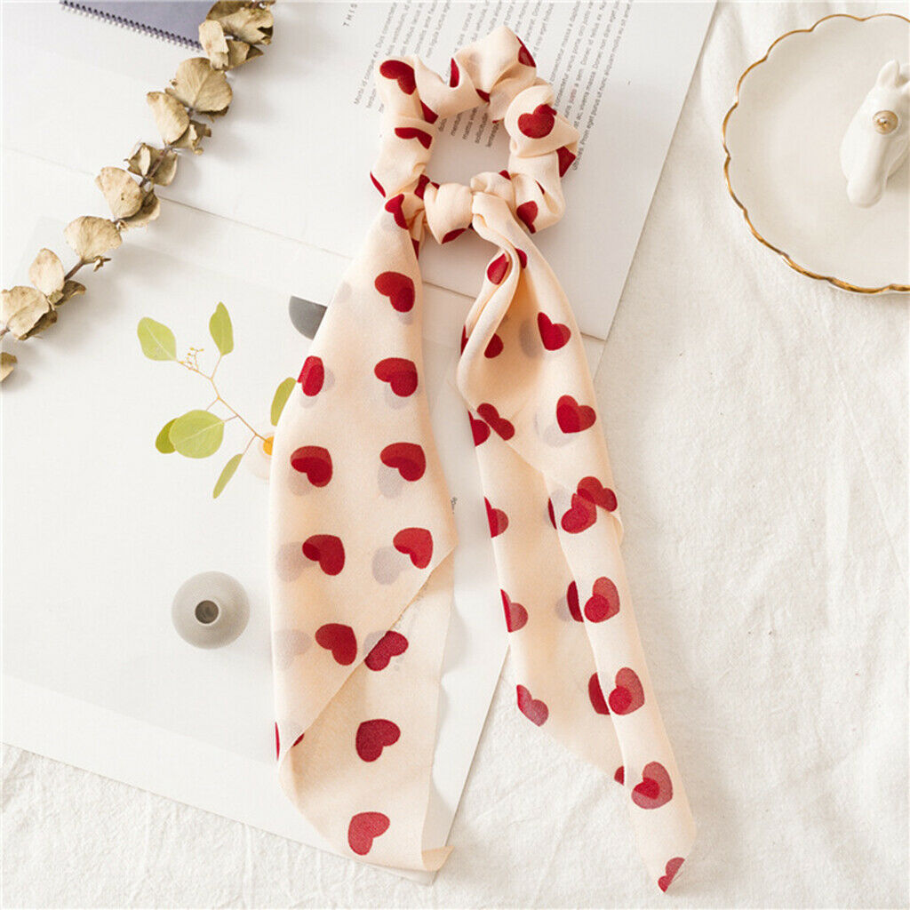 5x Cute Hair Scrunchies Heart Print Wide Ribbon Elastic Hair Ties Updo Tool