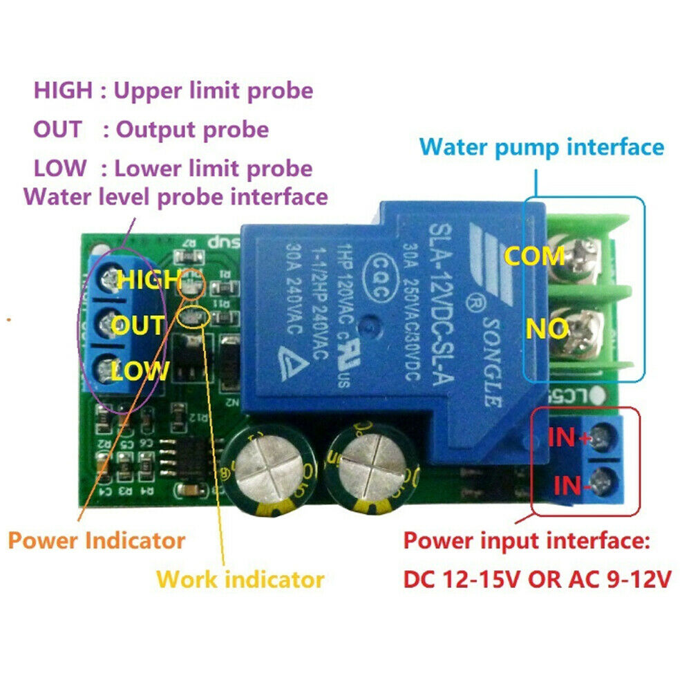 30A Liquid Sensor Switch Relay High-power Water Level Automatic Controller DC12V