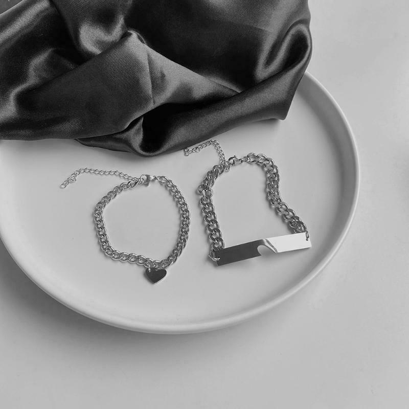 2Pcs/Set Geometric Heart-shaped Puzzle Bracelet Stainless Steel Cuba NK Chain