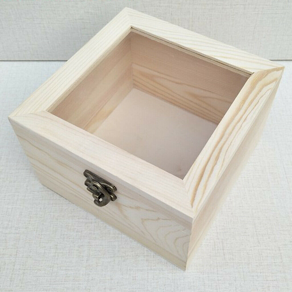 3Pcs Natural Plain Wooden Box Unpainted Lockable Wood Storage Case Glass Top Lid