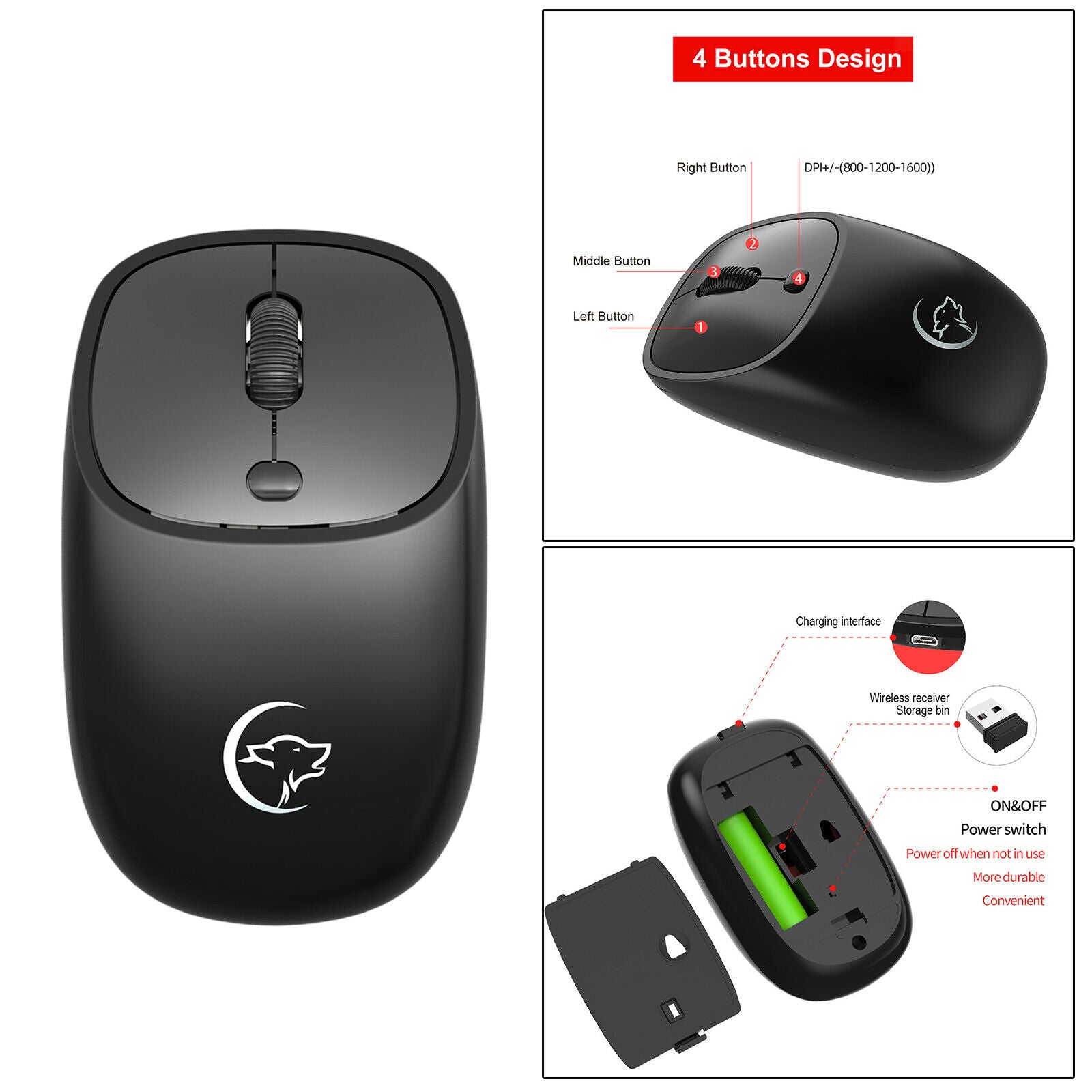 Portable 2.4G Wireless Gaming Mouse Rechargeable Mice for Desktop Laptop