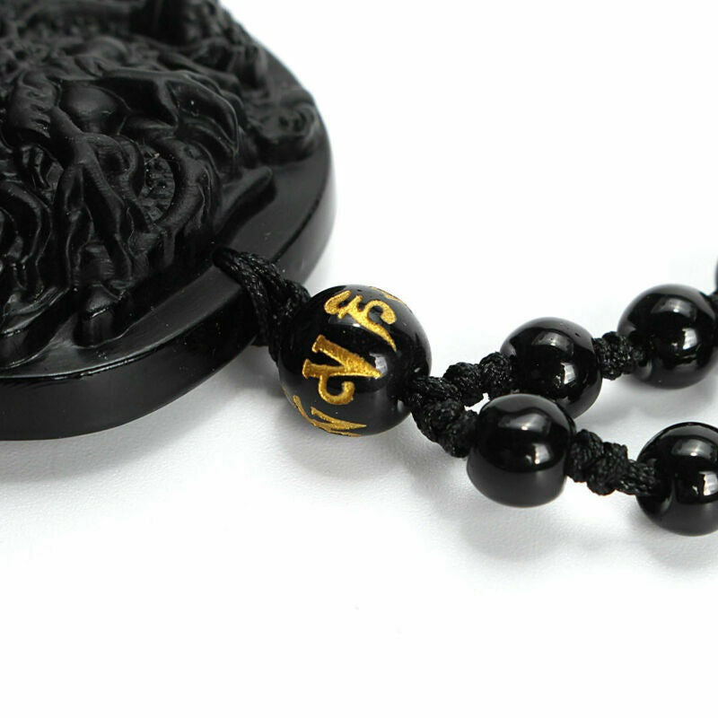 Lucky Dragon Blessing Pendant Beads Black Obsidian Hand Carved Necklace Natural