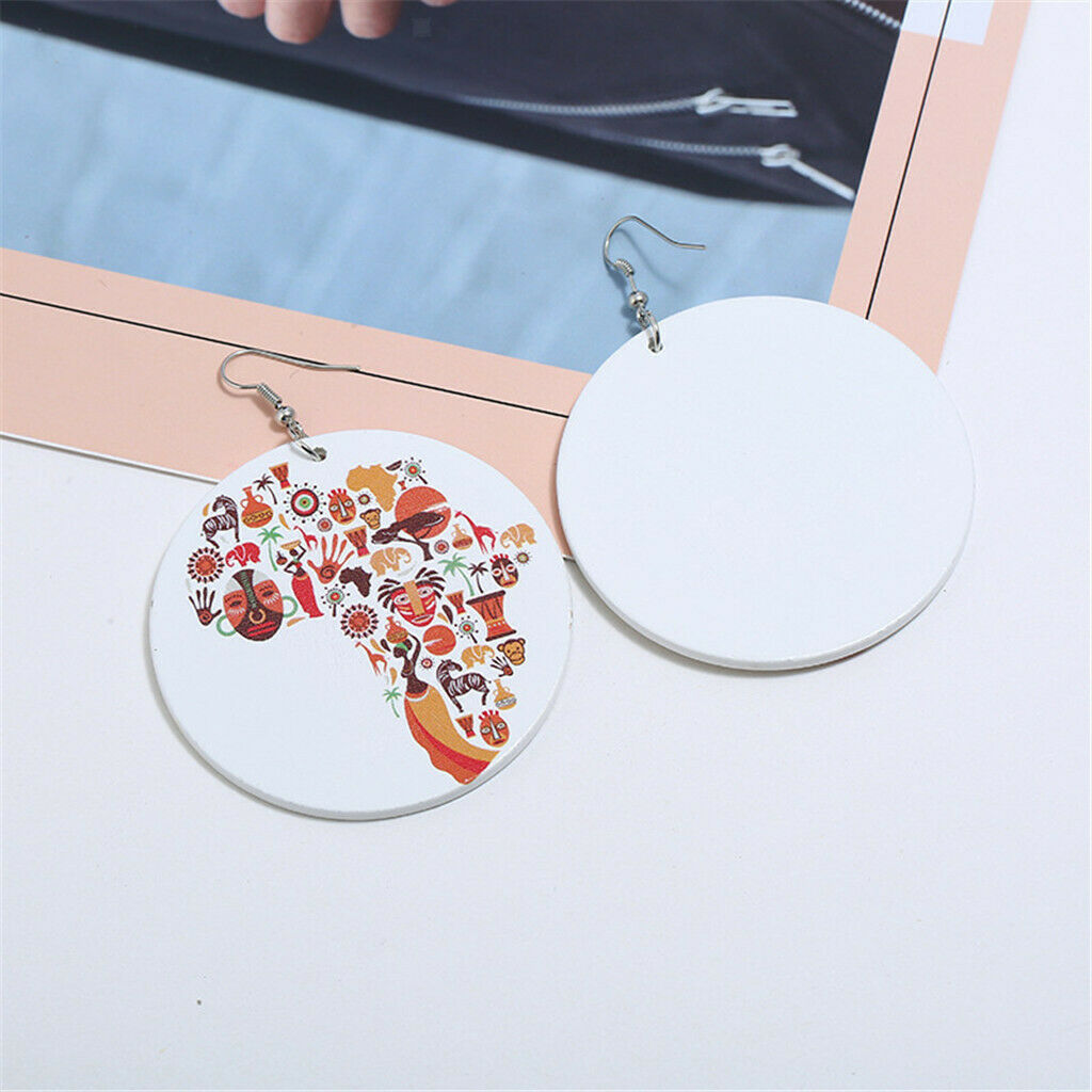 Color geometric round wood printing combination African map earrings wood