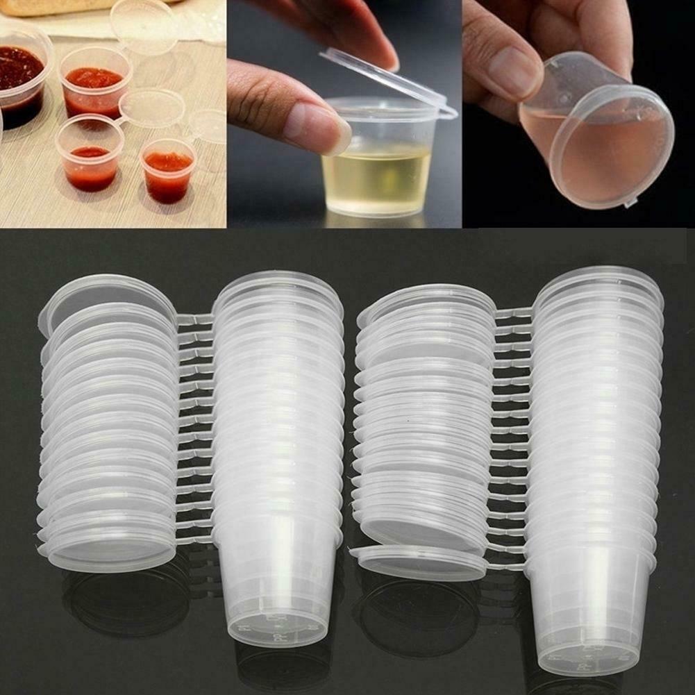 25 ml Kleine Plastik-Saucenbecher Frischhaltedosen Klare Boxen + Deckel 100/Set