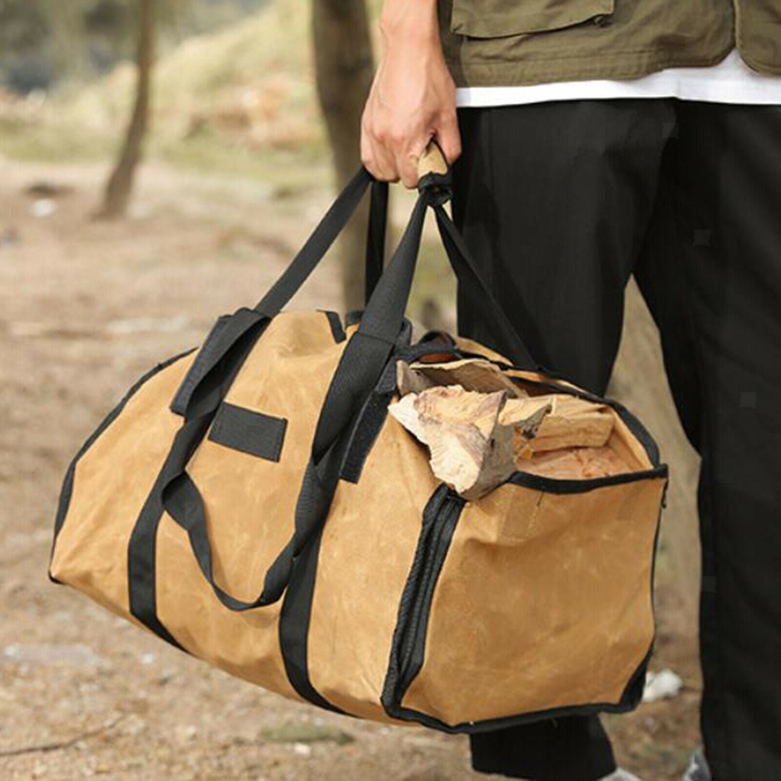 Wax Canvas Firewood Bag Indoor Log Carrier Tote Wood Holder BBQ Accessory