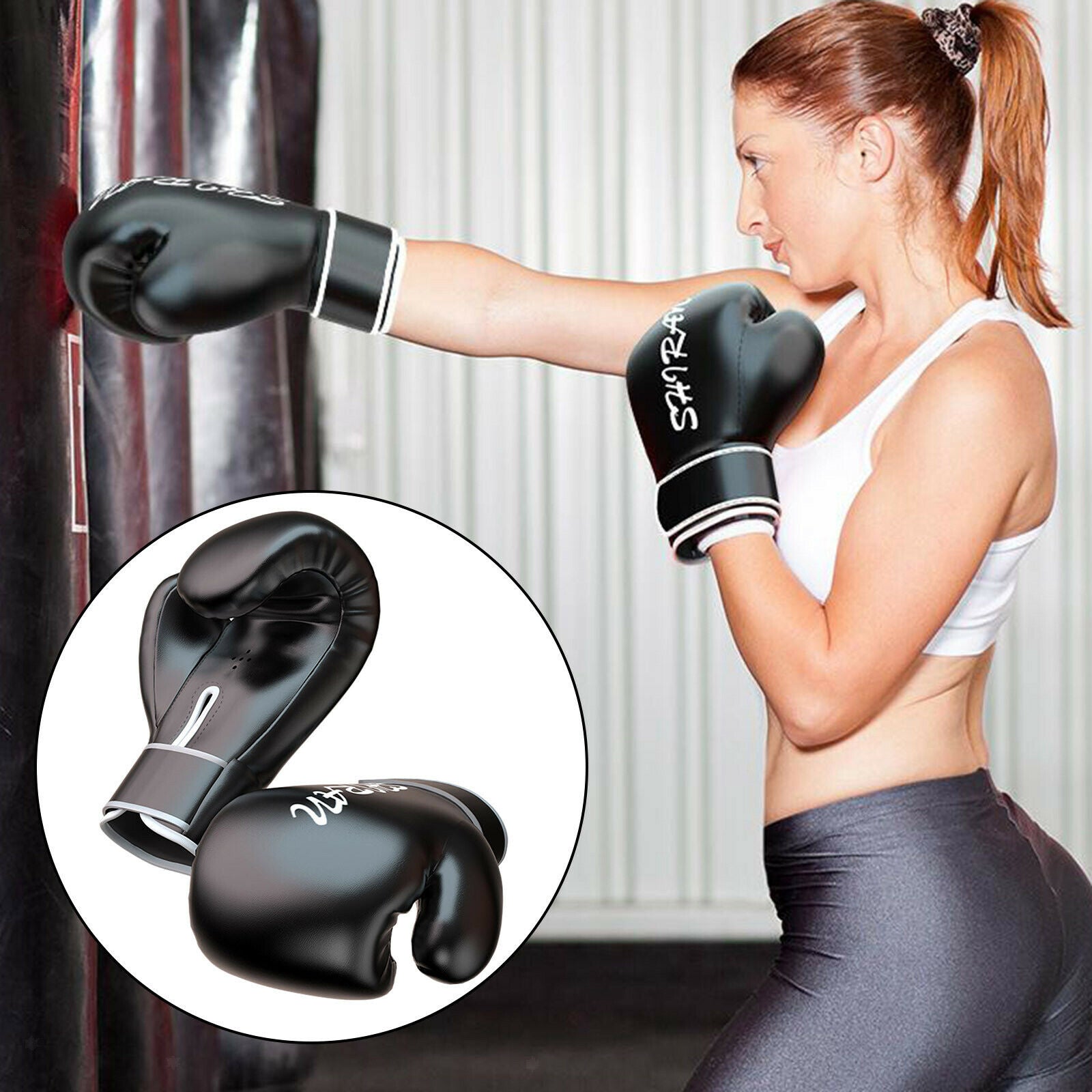 2X Boxing Gloves Sparring PU Leather Kickboxing Punching Bag Mitts 8oz_Black