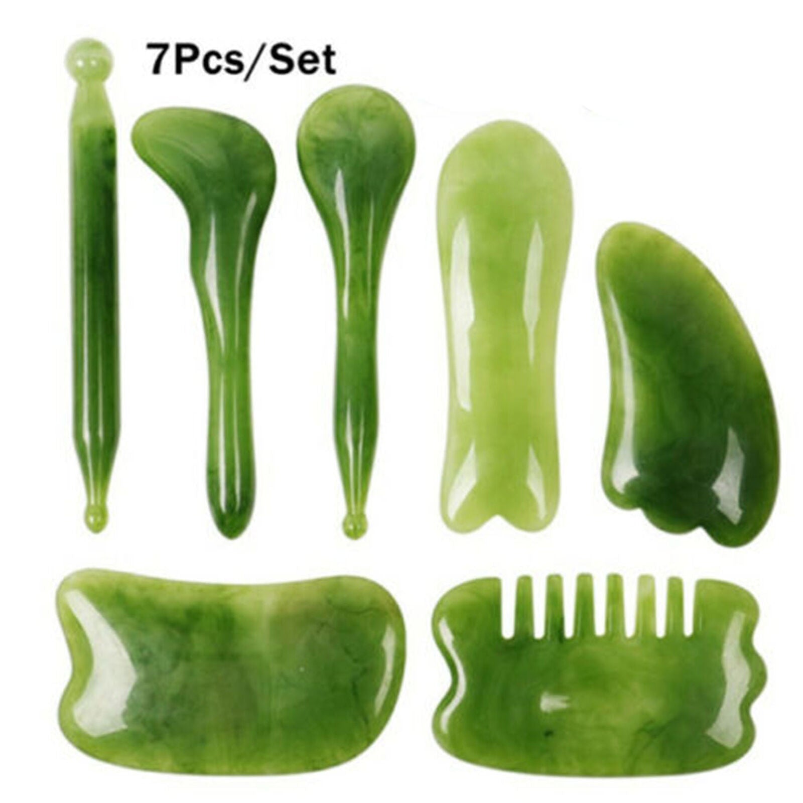7 Pcs Set Gua Sha Natural Green Jade Quartz Stone Facial Body Massage Board Tool