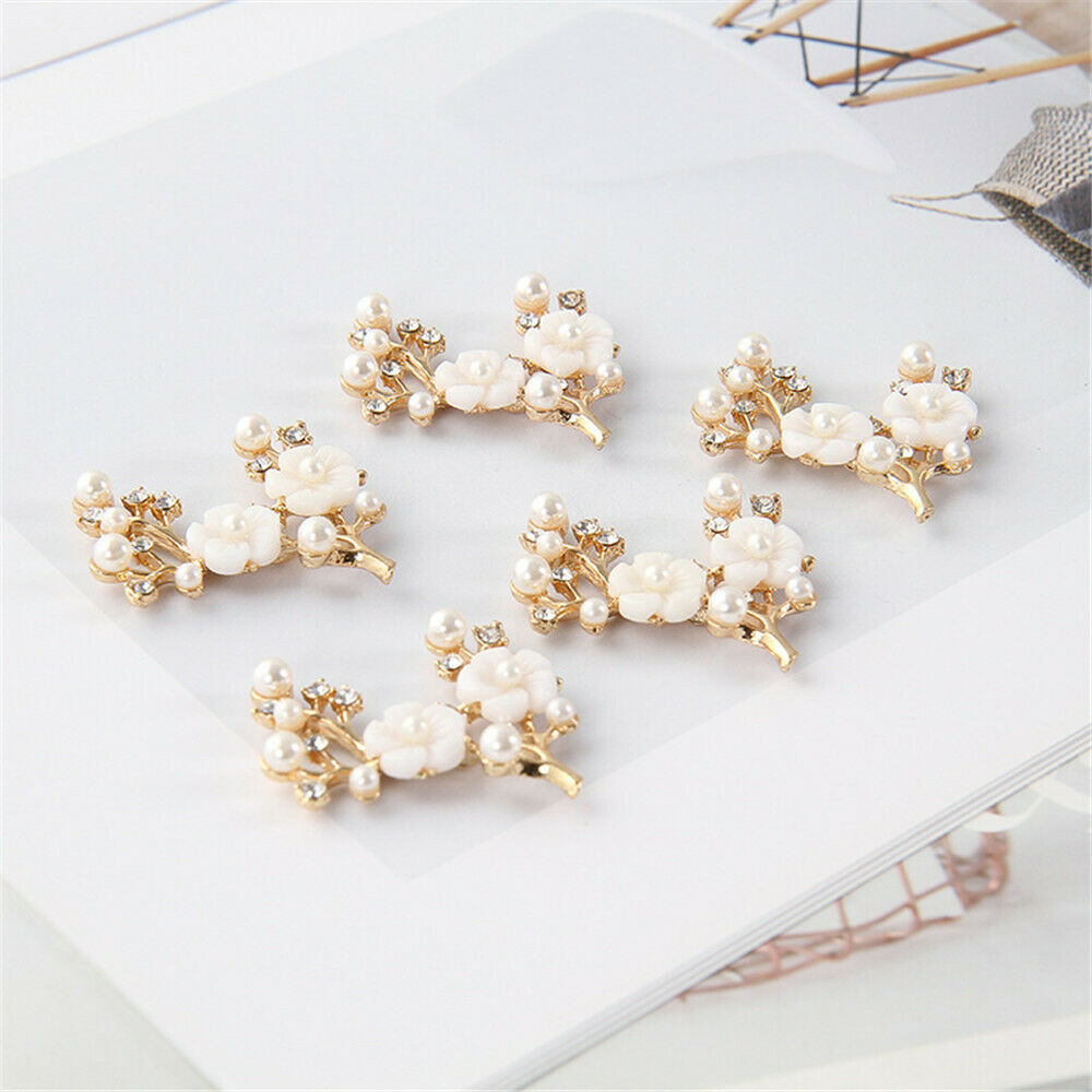 2pcs Golden Crystal Flower Branch with Faux Pearls Embellishments Decors 44x40mm