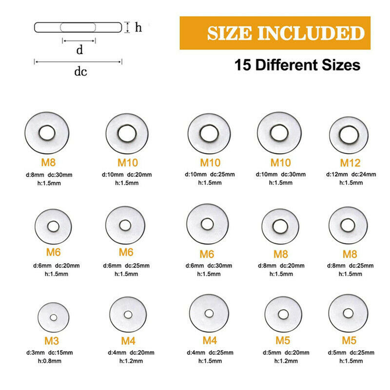 225Pcs 304 Stainless Steel Washer/gasket Set M3-M12 15 Sizes Hardware Washers