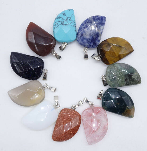 11Pcs Multicolor Mixed Stone Faceted Leaf Pendant For Necklace 24x16x6mm HH6843