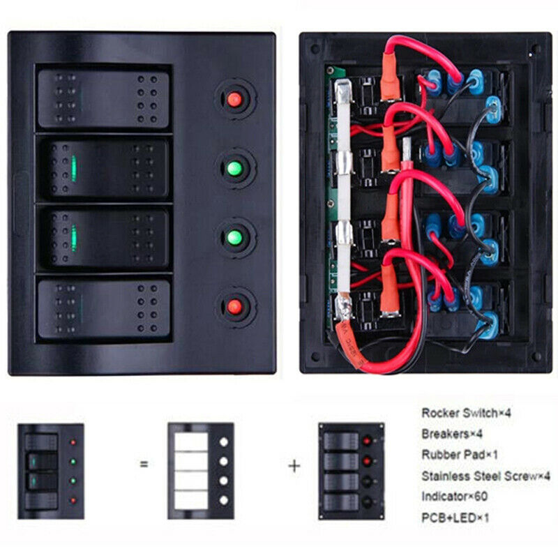 Boat RV Marine Switch Panel 4 Gang LED Rocker Switch with Circuit Breakers Kit