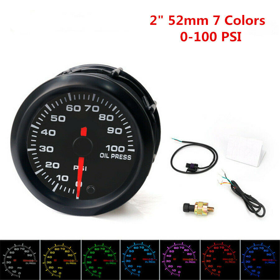 2" 52mm Universal Car Oil Pressure Gauge 7 Colors LED PSI Oil Press Meter Sensor
