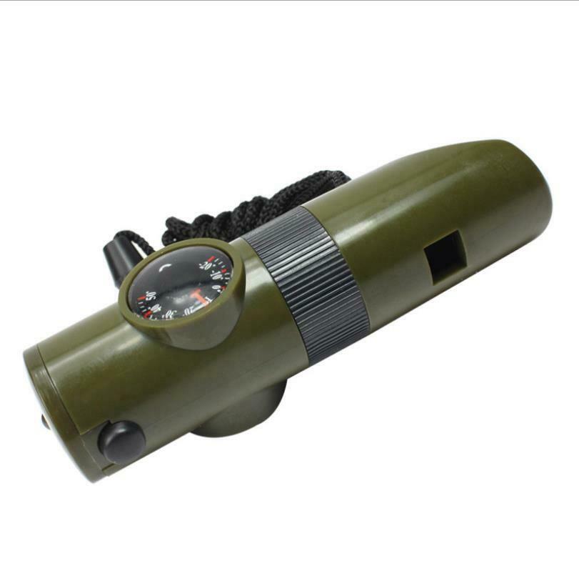 7in1Outdoor Lifesaving Whistle Compass Thermometer LED Flashlight Fire Magnifier