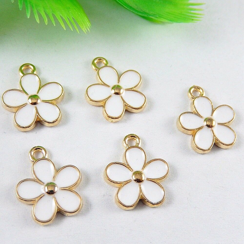 10pcs Lots White Enamel Flower Charms Pendants Zinc Alloy Jewelry Findings