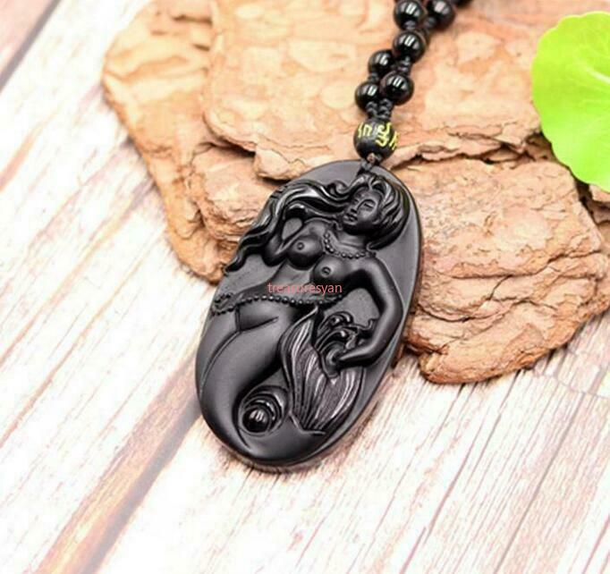 Obsidian Mermaid Pendant Necklace Gifts Natural Jewelry Charm Black Beads Amulet