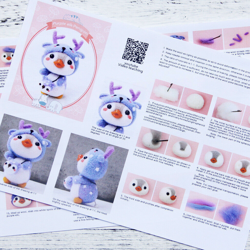 Cartoon Penguin Needle Felting Kits Wool Roving Needlework Elk Giraffe