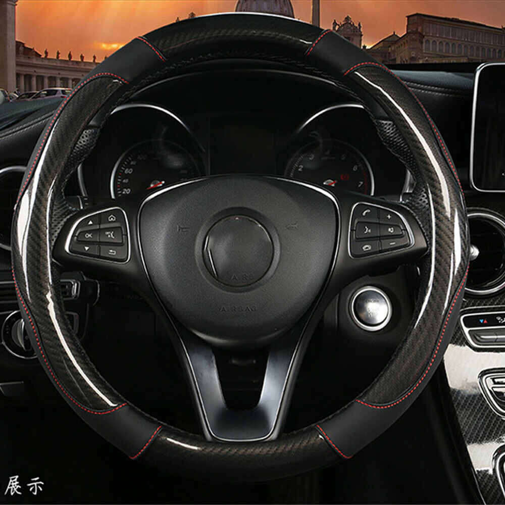 Universal Car Steering Wheel Cover Black Carbon Fiber Braid Style Comfort Grip