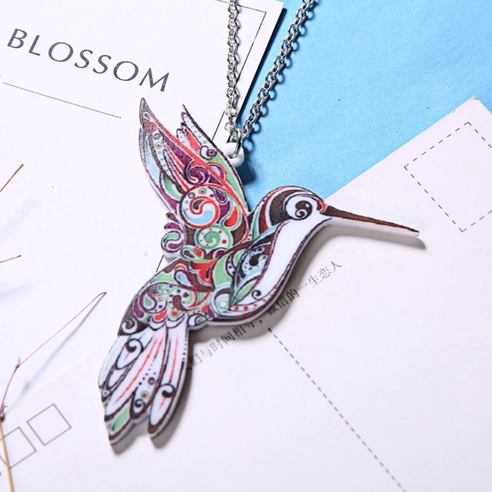 Colorful Acrylic Hummingbird Charm Pendant Necklace w/ Chain Bird Theme