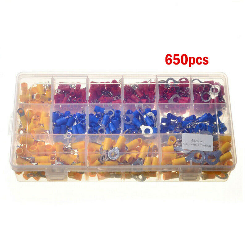650x 13 Sizes Assorted Insulated Ring Crimp Terminal Electrical Wiring Connector