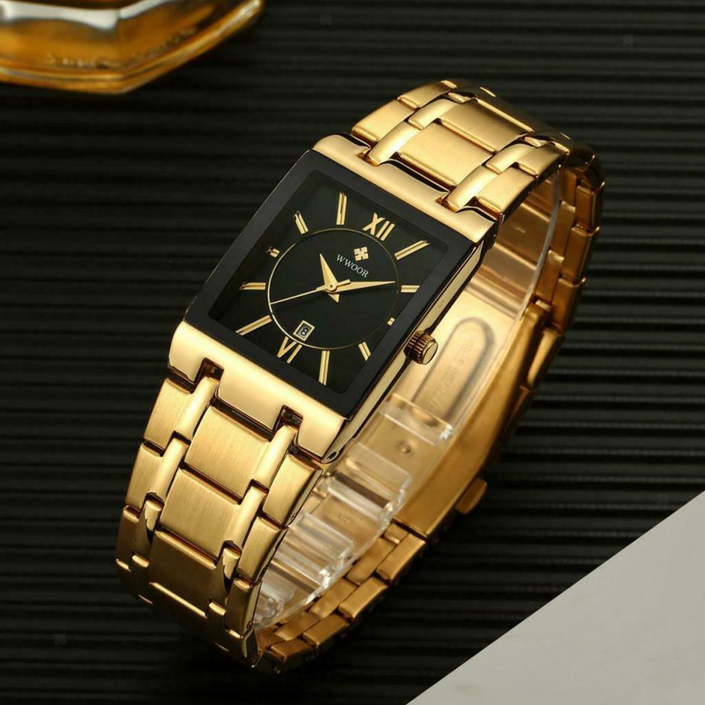 Mens Fashion Watch Rectangular Dial Analog Quartz Wristwatch Golden+Black